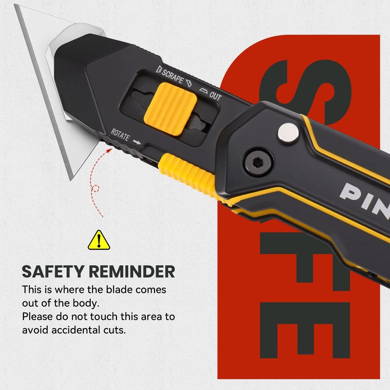 PINOZE Folding Utility Knife Scraper, 3-in-1 Box Cutter with Lanyard
