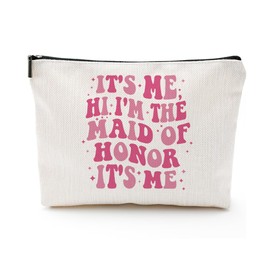It's Me Hi I'm The Maid of Honor Canvas Makeup Bag – Bridal Party Gifts for Bridesmaids, Bachelorette Party Favor, Wedding Accessories, Cosmetic Pouch for Women