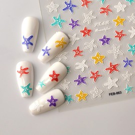 5D Embossed Starfish Nail Art Stickers Starfish Nail Stickers Colorful Ocean Nail Decals Self-Adhesive with Beach Designs Summer Nail Supplies for Women Girls Acrylic Nails DIY Manicure