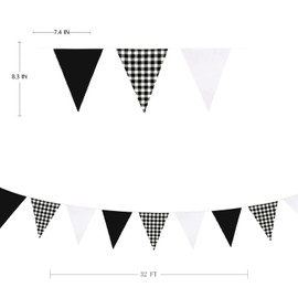 32Ft Black White Party Decorations White and Black Buffalo Plaid Fabric Triangle Pennant Banner Flag Checkered Gingham Bunting Garland for Racing Car BBQ Birthday Wedding Retirement Outdoor Home Decor
