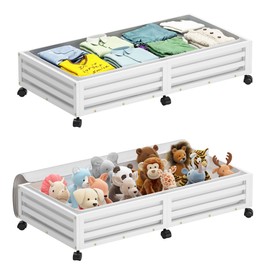 Bamboo Under Bed Storage Containers- Underbed Organizer with Wheels with Large Dust Bag,Sturdy Wood Rolling Under the Bed Shoe Storage Organizer Drawer 2 Packs (White, Long)
