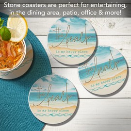 Thirstystone Beach Happy Place 4 Pack Absorbent Stone Coasters with Protective Cork Backing Manufactured in The USA Artistic Absorbent Easily Wipes Clean
