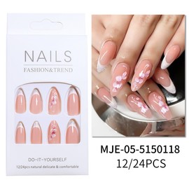 Medium Almond Press on Nails Light Pink Flower False Nails Summer Fake Nails with Floral Design White French Tip Nails Press ons Medium Glitter Acrylic Glue on Nails Kit Cute Stick on Nails for Women