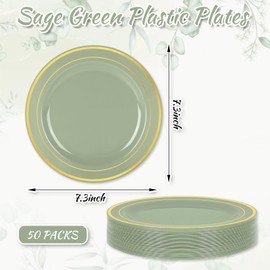 FYSUIMU 50Pcs Sage Green Plastic Plate Gold Foil Border Disposable Dessert Plate 7.25 In Salad Appetizer Plate for Bridal Shower Wedding Party Supplies Table Decor