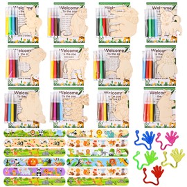 Jungle Animal Safari Party Favors for Kids - 12PCS Wooden DIY Wild Animal Theme Craft Kit with Markers, Slap Bracelets, Word Search - Zoo Safari Birthday Party Supplies & Gifts.