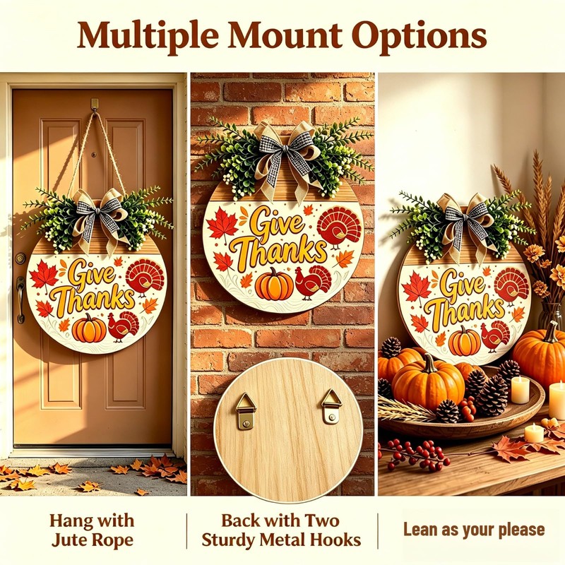12 Inch Thanksgiving Wooden Wreath Sign, Give Thanks Front Door
