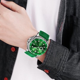 SKMEI Watch for Men Waterproof Fashion Casual Sport Big Face Analog Quartz Luminous Luxury Dress Business Gift Cloth Nylon Strap Green Wrist Watches