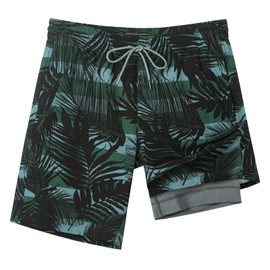 SURF CUZ 9" Mens Swim Trunks with Compression Liner Swimming Shorts Bathing Suits 2 in 1 Quick Dry Zipper Pockets,Camouflage Palm Stripes,XL