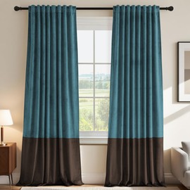 H.VERSAILTEX Velvet Patchwork Curtains Thermal Insulated Soundproof Room Darkening Drapes Rod Pocket Window Treatment Panels for Living Room Bedroom,2 Panels,Teal/Brown,52" W x 96" L