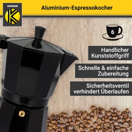 KRÜGER Aluminium-Espressokocher mit Silikon-Dichtring für 6 Tassen - schnelle und einfache Espresso-Zubereitung - Sicherheitsventil verhindert Überlaufen - handlicher Griff (schwarz)