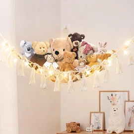 Dremisland Stuffed Animal Toy Hammock with Fairy Lights Macrame Boho Plush Toy Net Hammock with wood BeadsTassels-Stuff Animals Organizer Storage Corner Plush Toys Net Holder for Nursery Play Room, Kids Bedroom