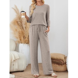 LILLUSORY Womens 2 Piece Lounge Sets Matching Outfits 3/4 Sleeve Pajamas 2025 Vacation Comfy Casual Fall Clothes Sweatsuits Trendy Loungewear Travel Soft Sleepwear Khaki M