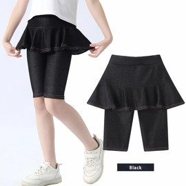 Coralup Girls' Knee Length Shorts with Skirt Imitation Denim Capri Leggings,Black,6-7Y