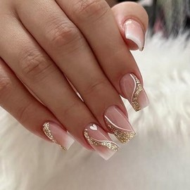 Short Almond Press on Nails with Solid Gel, Elegant Style French Tip Glossy Multicolor Stitching False Nails 24pcs (Pink Gold)