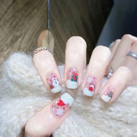 Christmas Press on Nails Short Length Glossy Acrylic Square Shaped Winter False Nails with Snowflake Designs Artificial Square Xmas Holiday Fake Nails Glue ons Fingernails for Women Girls(X0434)