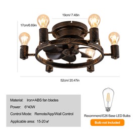 Garwarm Ceiling Fans with Lights and Remote, 20 Inch Low Profile Flush Mount Ceiling Fan with Light, Farmhouse Rustic Industrial Fan Lights Ceiling Fixtures for Bedroom,Kitchen(6 Speed,Timing)-Bronze