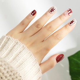 Christmas Press on Nails Short 24Pcs Red French Artificial Short Square Fake Nails for Winter Glossy Gold False Nails with Gingerbread Man Snow Designs Full Cover Glue Acrylic Fingernails for Women