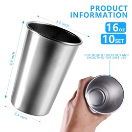 KISEER 10 Pack 16 Ounce Stainless Steel Pint Cups Shatterproof Cup Tumblers Unbreakable Metal Drinking Glasses for Bar, Home, Restaurant