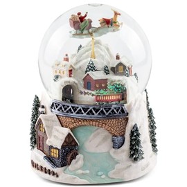 Musicbox Kingdom 63060 Flying Santa Sleigh with Train, Multicolor 6 Inches Polymer Resin Christmas Musical Snow Globe