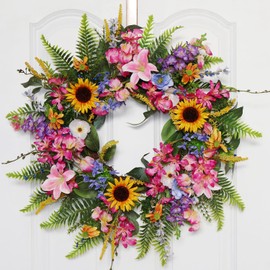 BINFEN 20-22 Inch Summer Spring Wreath Fake Silk Yellow Sunflowers Pink Lily Wild Flowers Floral Wreath with Green Fern Leaves for Front Door Window Wall Wedding Farmhouse Festival Décor