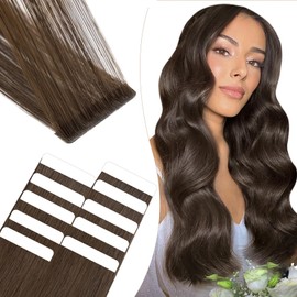 Elailite Tape Extensions Real Hair #2 Dark Brown, Pack of 10 Invisible Glue Hair Extensions 25 g, 50 cm Sewn Hair Straight Invisible