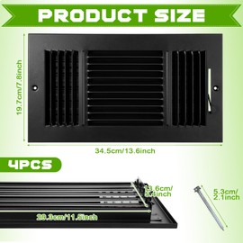 Wesiti 4 Pcs 12 x 6 Inch Vent Covers for Home Ceiling HVAC Sidewall Air Register 3 Way Vents Wall Register Solid Steel Manual Adjuster for Home Bathroom Toilet Office(Black)