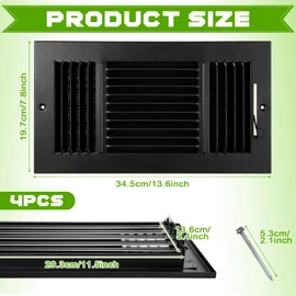 Wesiti 4 Pcs 12 x 6 Inch Vent Covers for Home Ceiling HVAC Sidewall Air Register 3 Way Vents Wall Register Solid Steel Manual Adjuster for Home Bathroom Toilet Office(Black)