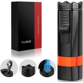 FLABOX Cigar Lighter Four Jet Flame Torch Lighter Cigar Punch and Holder Butane Lighter - Gray