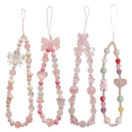 Leseogye 4 Pcs Pink Phone Charm, Cute Y2K Bow Heart Bear Beaded Phone Strap, Handcrafted Smartphone Lanyard Wrist Chain for Teen Girls Women