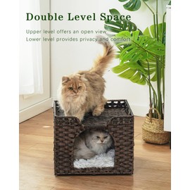 SETVSON Cat Beds Indoor Kitten House, Handwoven Rattan Cat Cave Pet Cube, Large Cat Houses, One Bed Mat, Foldable, Hideaway, 16.5x16.5x13.2 Inches, 2 S-Shaped Hooks in Living Room Bedroom Brown