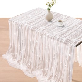 yuuzue White Pearl Table Runner Flower Pearl Tulle Tablecloth Sheer Fabric Lace Beaded Pearl Table Cover for Wedding Arch Veil Bridal Shower Sweetheart Dessert Table Decor 63 x118 Inches