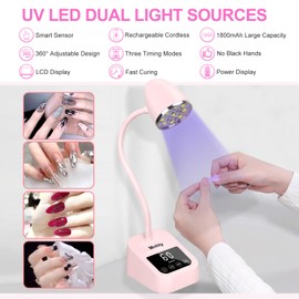 Mnhty U V Nail Lamp, 27W Rechargeable U V Light for Gel Nails Polish, Mini Flash Cure Light for Gel X Nails, Cordless U V LED Nail Lamps with 3 Timers&Sensor, Fast Curing Gooseneck U V Lamp, Pink