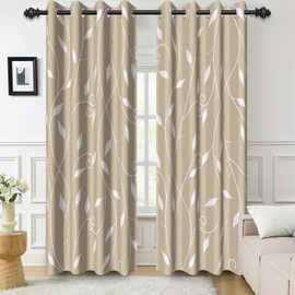 Beige Blackout Curtains for Bedroom, Leaf Print Window Curtains 84 Inches Length 2 Panels Set Noise Reducing Thermal Insulated Window Drapes for Living Room,52" W x 84" L