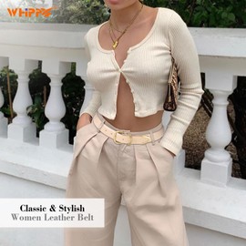 WHIPPY Women Leather Belts for Jeans Pants Dress Fashion Gold Buckle Ladies Waist Belt Casual Women Belts, Beige, M