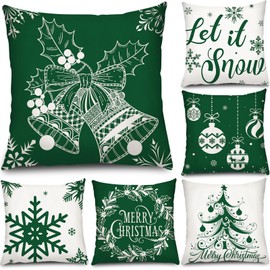 6 Pcs Christmas Pillow Covers Cushion Covers Decoration Christmas Pillow Cover Holiday Decor Throw Pillow Case for Sofa Couch Christmas Office Bedroom Decorations (Green Style,18 x 18 Inch)