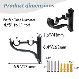 HEVSTIL 4Pcs Heavy Duty Double Curtain Rod Brackets, Single Black Retro Wall Mount Brackets Vintage Design Fit for 1 Inch Drapes Rod Design with Screw,Black