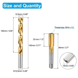 sourcing map Tap and Drill Bit Set, 1pcs M14 x 1.5 Straight Flute Thread Screw Tap & 1pcs 12.5mm Twist Drill Bit, Titanium Coated HSS-6542 Tapping Threading Tool Kit