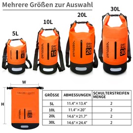 Arteesol Dry Bag, Waterproof Bag, 5L/10L/20L/30L, Pack Sack with Long Double Adjustable Shoulder Strap, for Swimming, Boating, Kayaking, Water Sports, orange, 30l