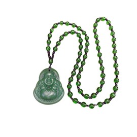 Laughing Buddha Pendant Necklace Green Black Imitation Jade Buddha Guanyin Crystal Beaded Rope Chain Gemstone Lucky Amulet Jewelry for Women Men-Green Buddha