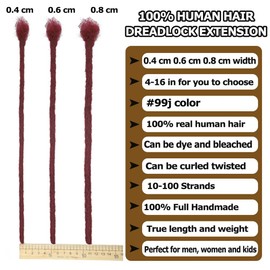 Dreadlock Extensions Human Hair #Bug Color 10-100 Strands 100% Full Handmade Permanent Loc Extension Human Hair for Women/Men/Kids Can Be Dyed Bleached Curled Twisted (0.8cm #99j, 12 inch 10 Strands)