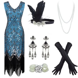 20s Flapper Gatsby Sequin Beaded Evening Cocktail Dress with Accessories Set (X-Large, Style04-Silver&Blue)