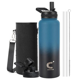 40 oz Water Bottle Insulated, Coolplus Stainless Steel Water Flask With Straw Metal Double-Walled Vacuum With Carry Sleeve Leakproof, Keep Cold 48 Hrs Hot 24hrs, Blue Black