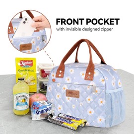 HOMESPON Insulated Lunch Bag for Women Men Adults Lunch Tote with Front Pocket Lunch Box Container Cooler Bag for Work Picnic (Blue daisy with Side Pockets)