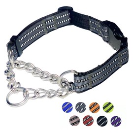 Martingale Dog Collars, Reflective Nylon Collar with Stainless Steel Chain, Adjustable Walking Training Dog Collars with Quick Release Buckle, Suitable for Small Medium Large Dogs(Gray,L)