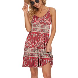 MISFAY Women's Summer Spaghetti Strap Casual Swing Tank Beach Cover Up Dress with Pockets(Boho Floral Red,L)