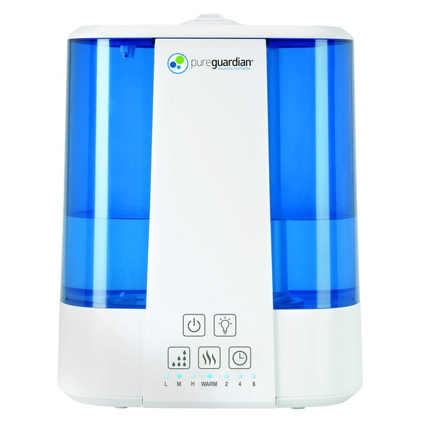 PureGuardian H5225WCA Ultrasonic Warm & Cool Mist Humidifier, 100 Hrs. Run Time, 2 Gal. Tank, 560 Sq. Ft. Coverage, Quiet, Filter Free, Essential Oil Tray, White/Blue