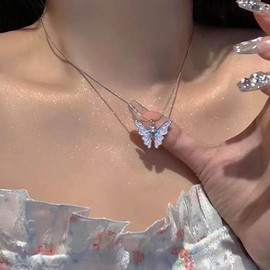 TseenYi Boho Butterfly Pendant Necklace Colourful Butterfly Choker Necklace Silver Snake Chain Necklace Small Butterfly Necklace Jewellery for Women and Girls Gifts