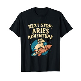 Next Stop Aries Adventure Vintage Zodiac Rocketship Graphic T-Shirt