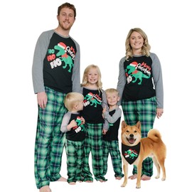 IFFEI Family Matching Pajamas Set Christmas Dinosaur and Green Plaid Print Long-sleeve Sleepwear Women L