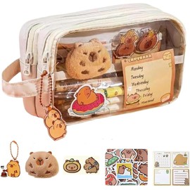 Capybara Pencil Case,Cute Pencil Case Aesthetic Clear Pen Case with Handle,Capybara Stuff Pencil Box Large Capacity Zipper Pencil Pouch with Stickers,Capybara Stationery School Supplies (White)